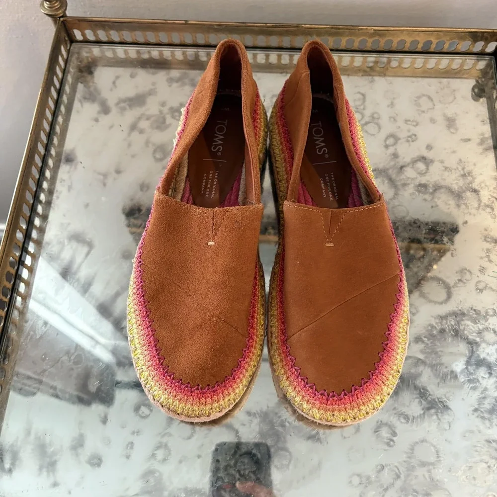 TOMS Shoes Womens Size 7 Brown‎ Suede Alpargata Espadrille Slip On Rainbow Trim